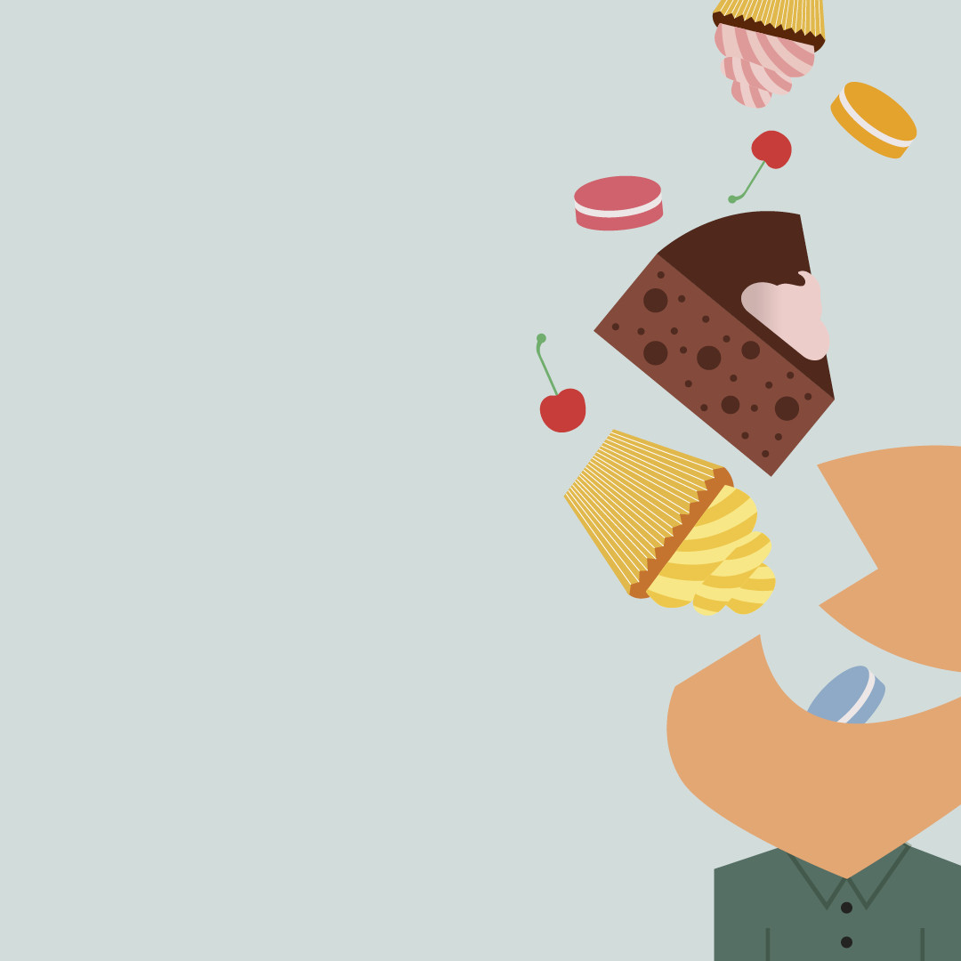Illustration af mand, der smiler og kaster dessert i luften