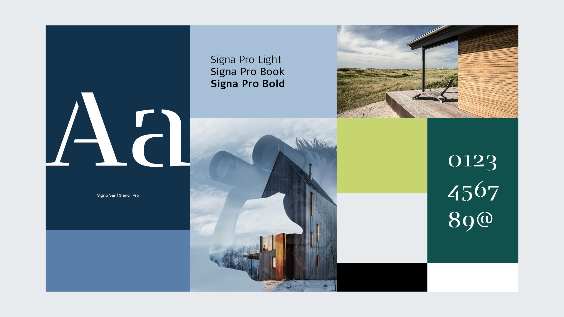 Design og typografieksempel med Signa Pro Light, Signa Pro Book og Signa Pro Bold fonter samt moderne huse