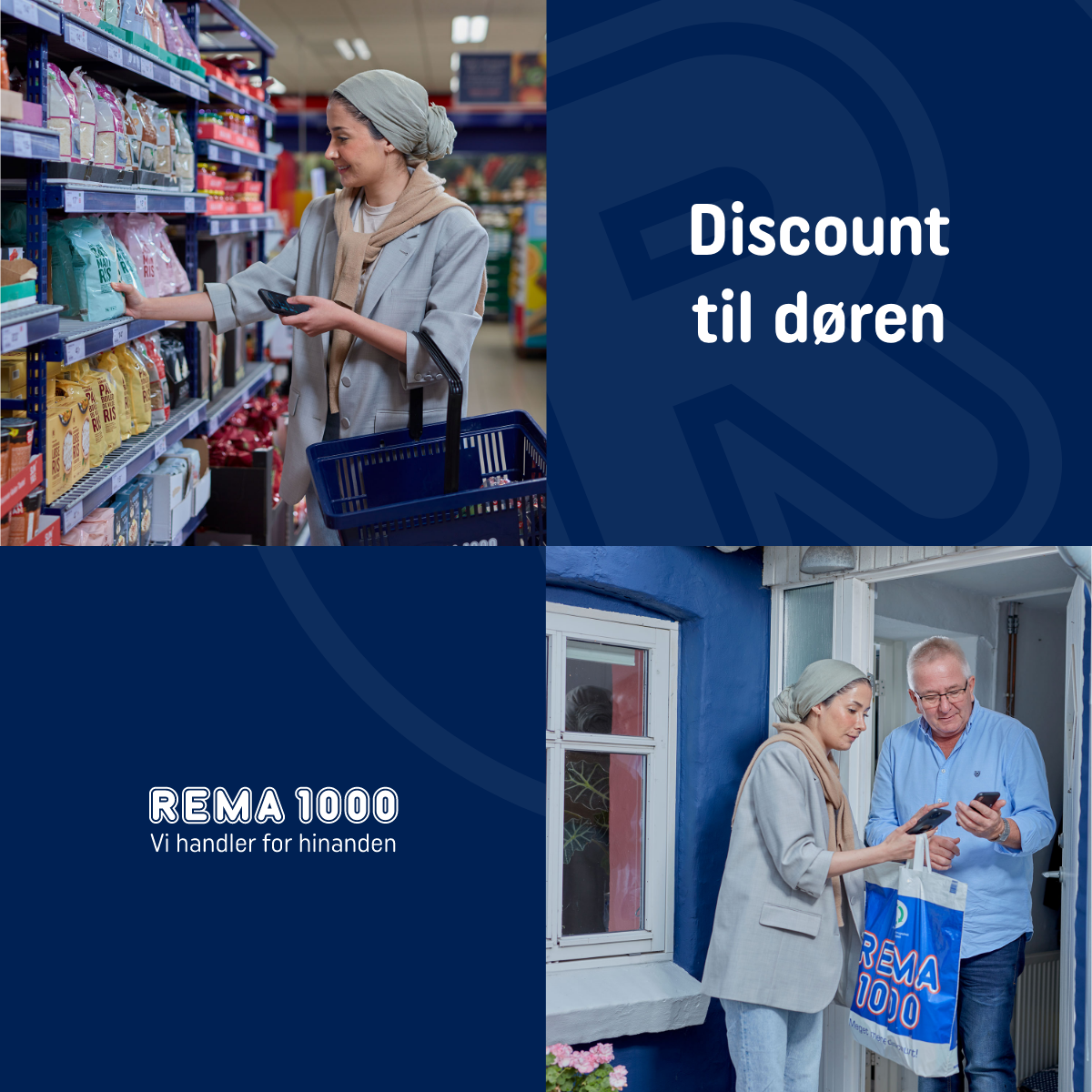 Kunde i en REMA 1000 butik samt levering ved døren