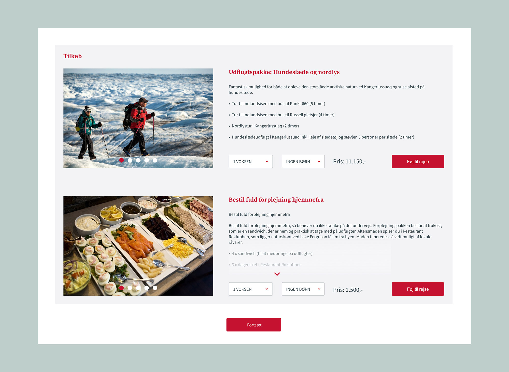 Et billede af en tilvalgspakke på Greenland Travels hjemmeside