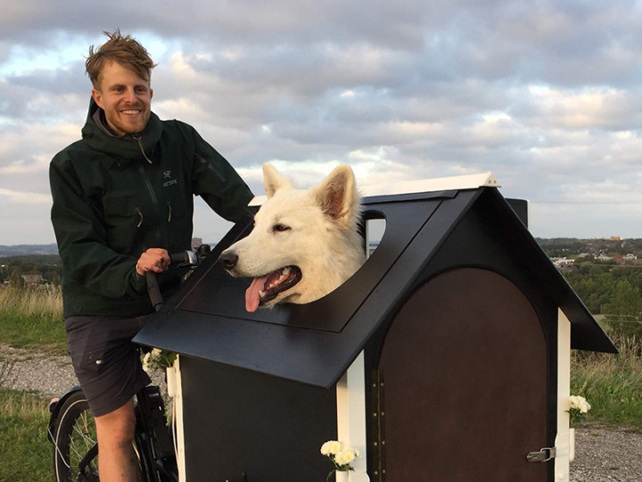 Mand med en stor, hvid hund i en speciel bygget cykeltrailer