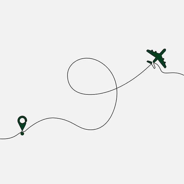 En grøn streg der symboliserer en flyrute mellem en placering og et fly