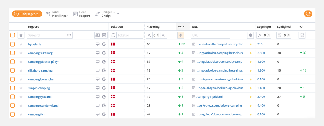 SEO resultattabel viser søgeord og placeringer for forskellige camping-relaterede søgeord i Danmark