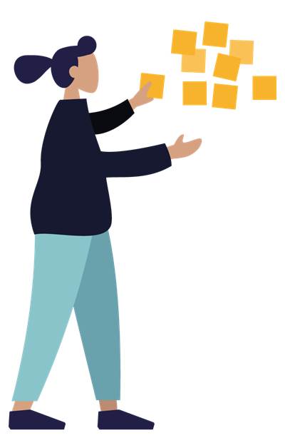 Tegning af person der håndterer gule Post-It-sedler på en inspirerende måde
