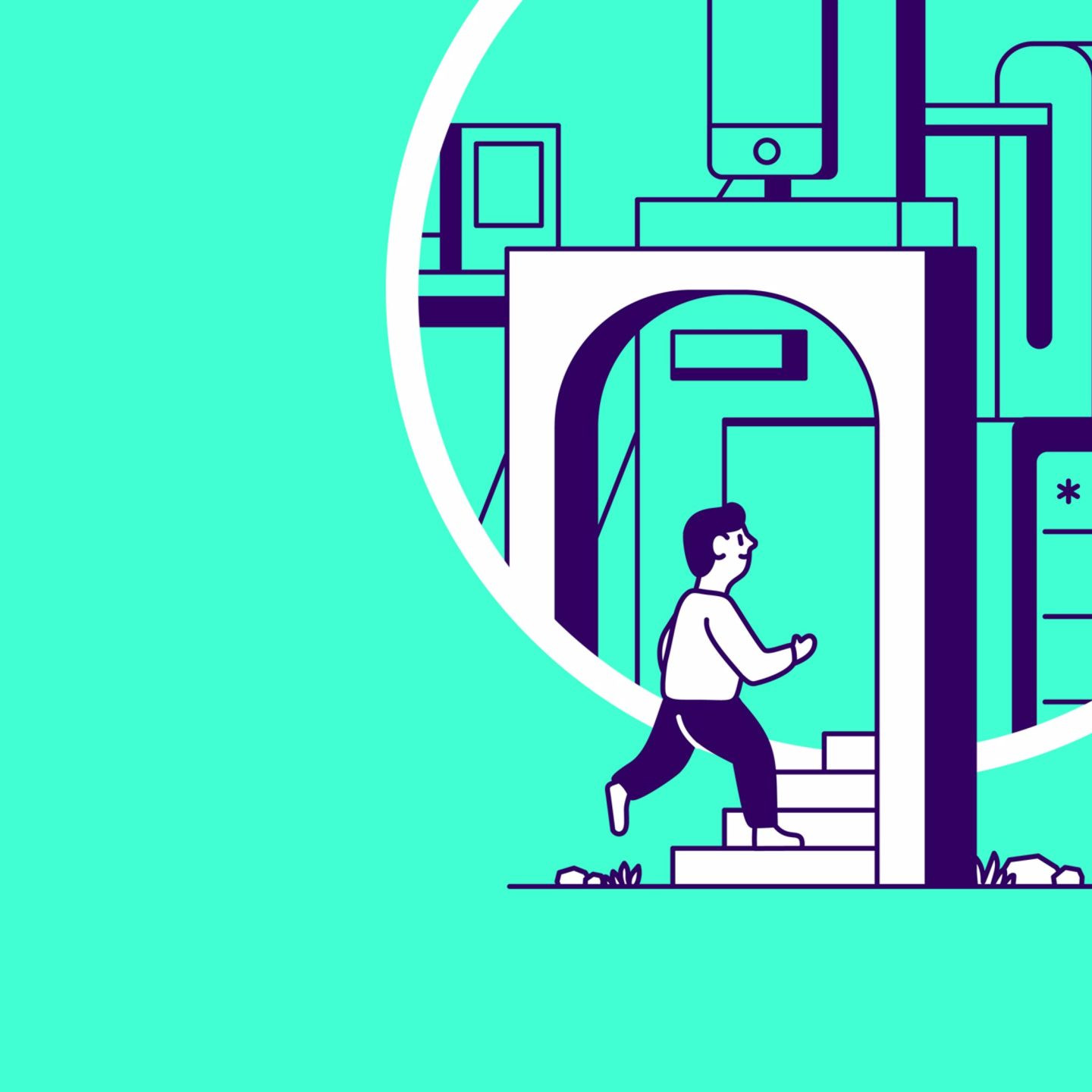 Illustration af en mand, der går op ad trapper i et industrielt område med rør og maskiner