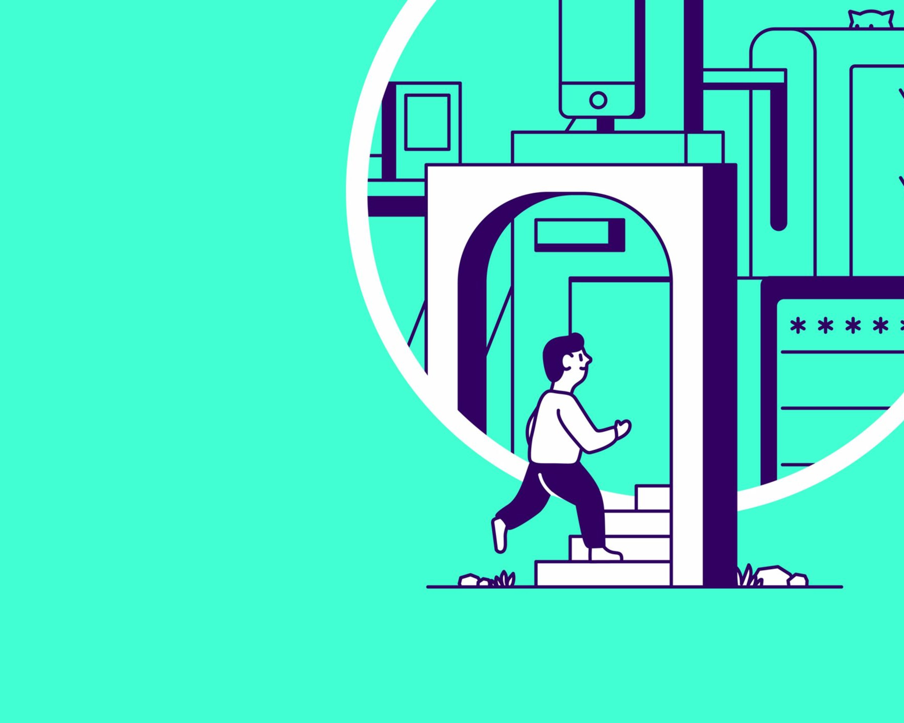 Illustration af en mand, der går op ad trapper i et industrielt område med rør og maskiner