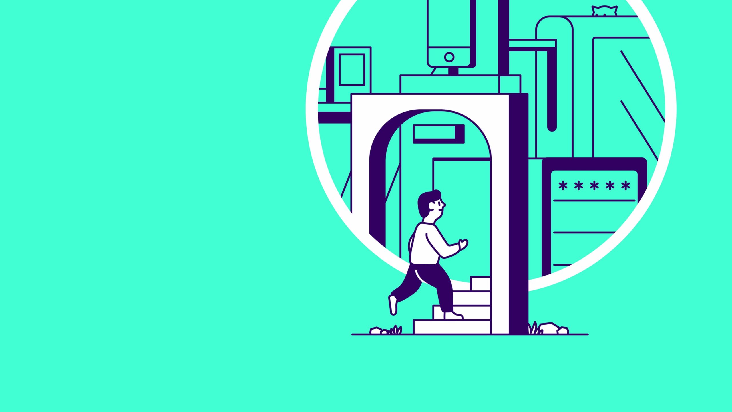 Illustration af en mand, der går op ad trapper i et industrielt område med rør og maskiner
