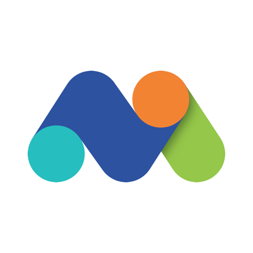 Logo med fire farvede cirkler; blå, grøn, orange og turkis