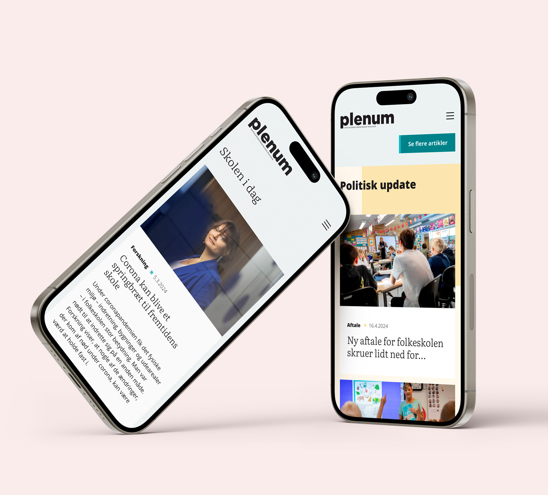 Et billede af to iPhones der vider Plenums hjemmeside.