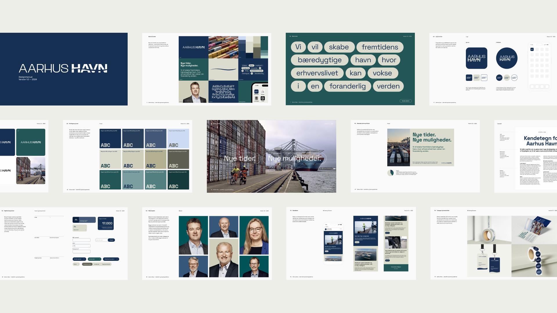 Forskellige sider fra Aarhus Havn's designmanual med farvepaletter, typografi og billeder