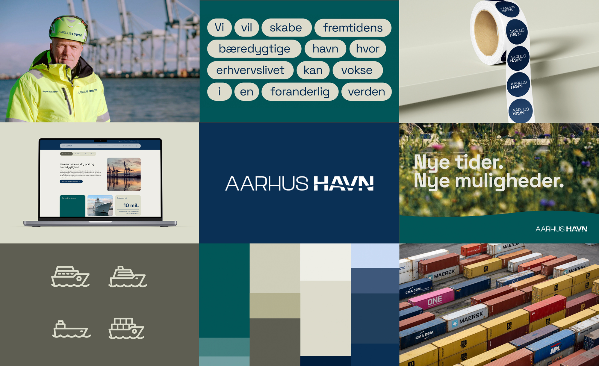 Medarbejder ved Aarhus Havn i sikkerhedshjelm, containerkraner, logo, og computervisning