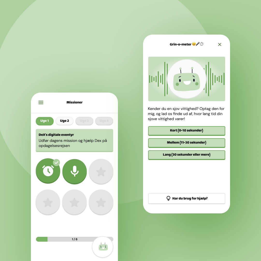 Appskærmbilleder, en mission-liste og en grin-o-meter funktion
