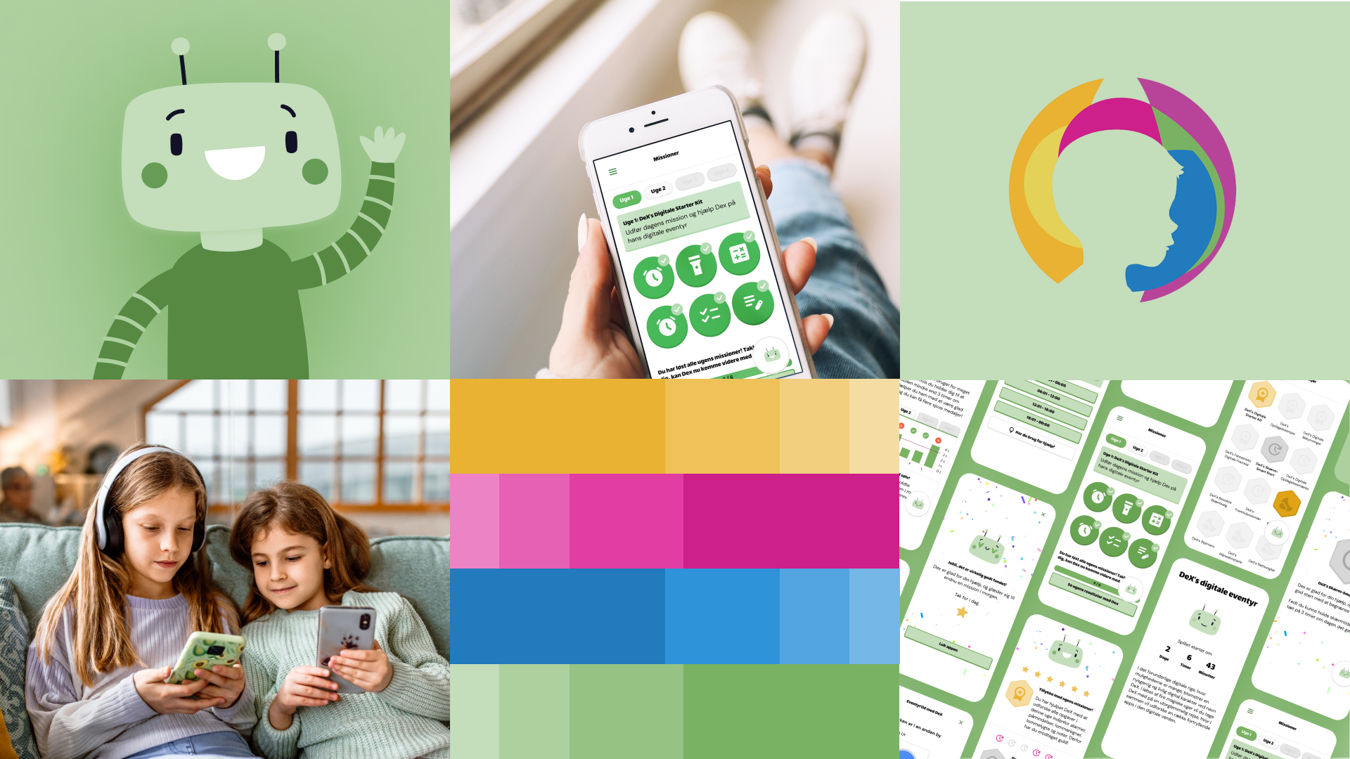 En collage med en robotillustration, en person der holder en telefon, to børn med enheder, et logo med et ansigt, farveprøver og app-skærmbilleder