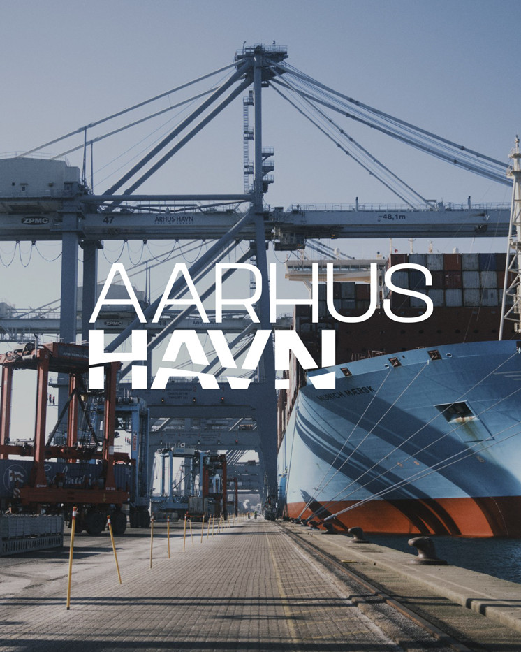 Containerskib ved kajen i Aarhus Havn med store kraner i baggrunden