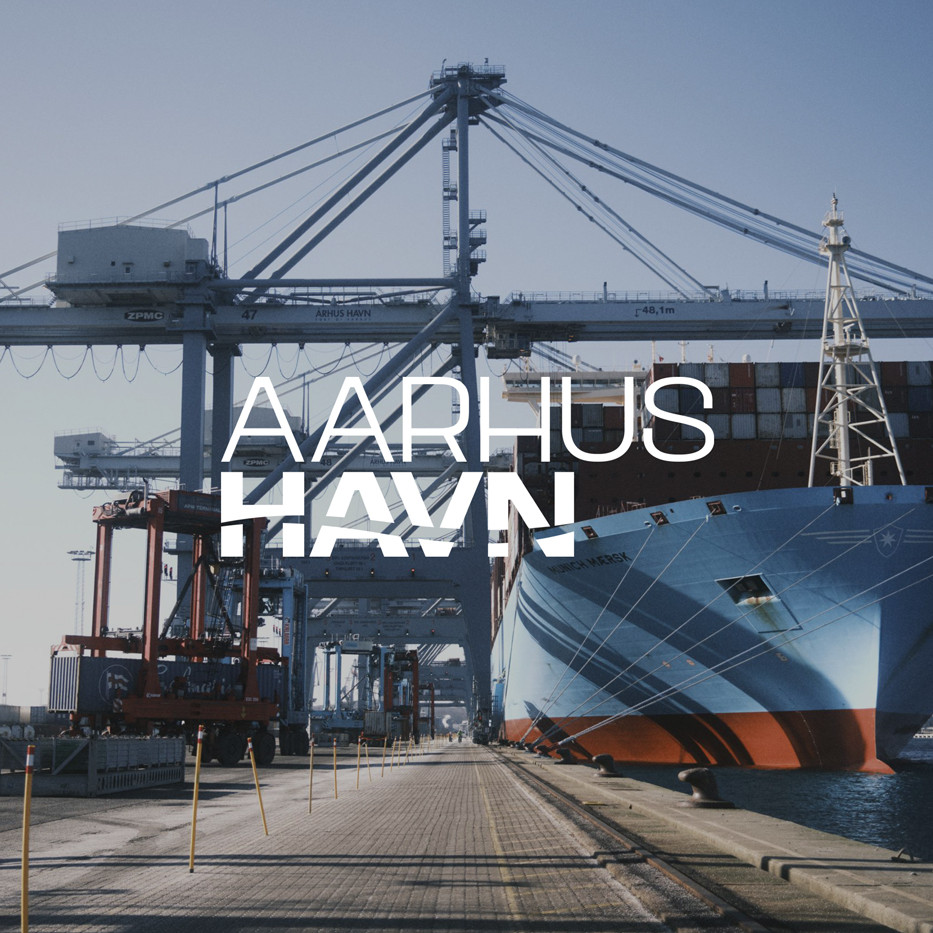 Containerskib ved kajen i Aarhus Havn med store kraner i baggrunden